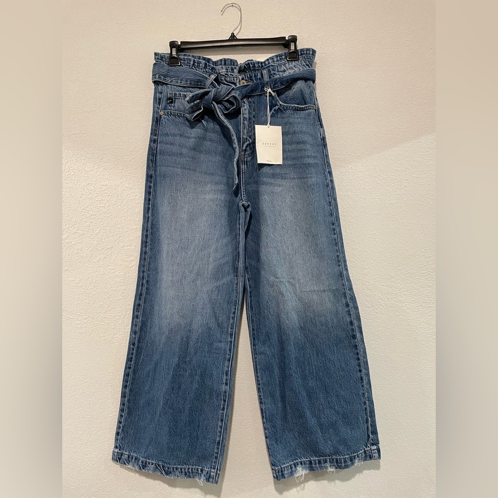 KanCan Light Blue Wide-Leg Paperbag Waist Jeans with Tie Belt